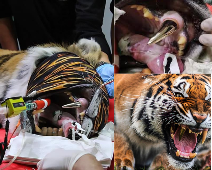 Tiger fitted with golden tooth