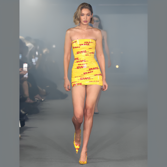 Gigi Hadid DHL tape dress